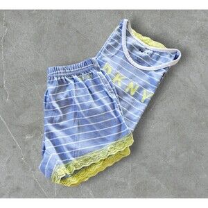 DKNY Girls 2 Piece Set Loose Fit Short Tank Top Pajama Blue White Stripe Size L